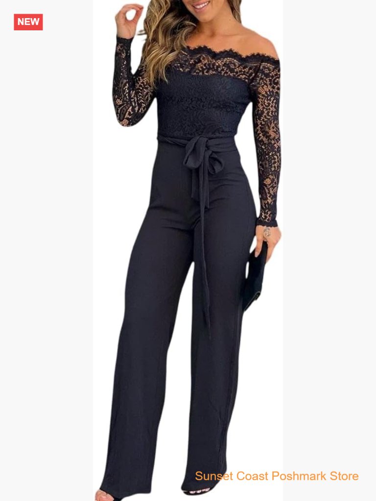 Elegant Off Shoulder Lace Trim Jumpsuit With Belt Straight Leg